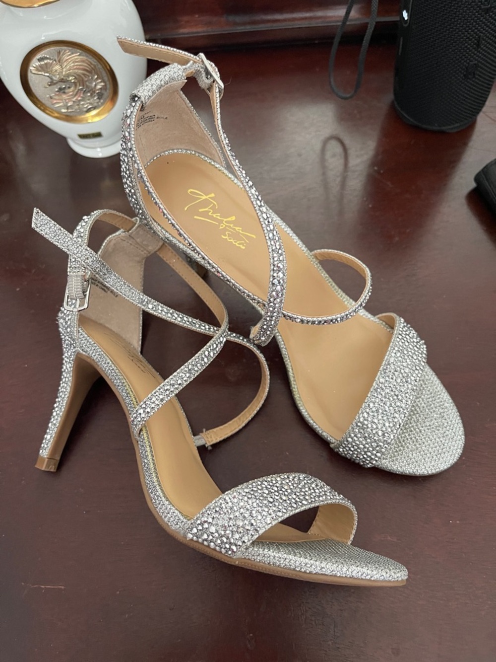 Thalia Sodi Silver Rhinestone Strappy High Heels